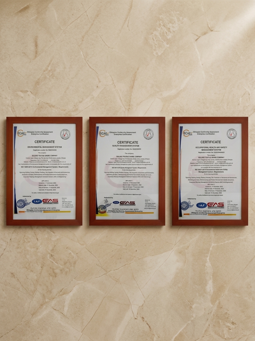 Buluko Textile ISO Certificates, ISO 14001, ISO 9001, and ISO 45001 framed certificates