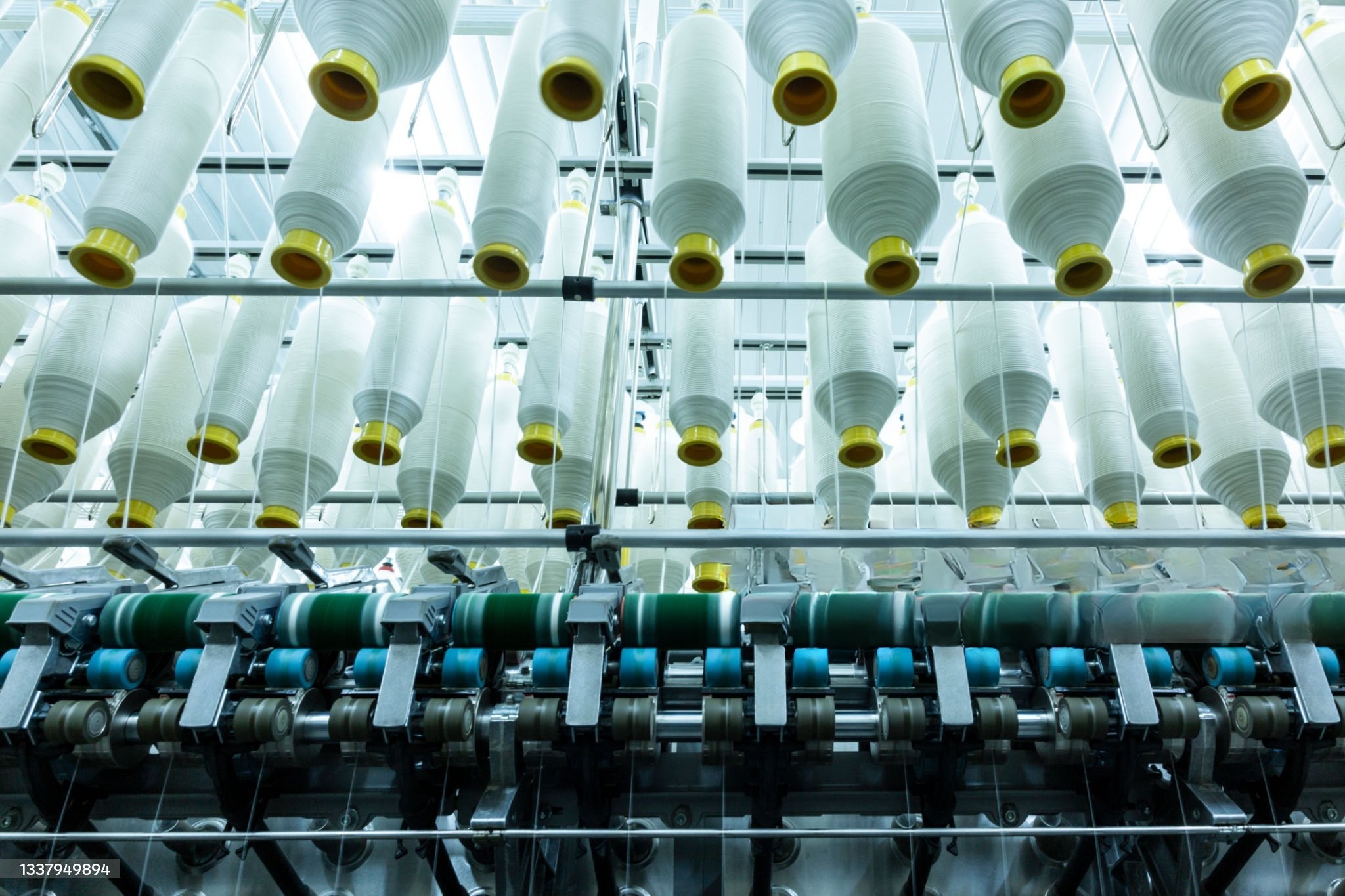 Rows of newly wound yarn spools, ready for knitting or weaving